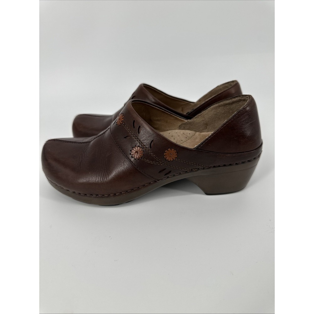 DANSKO Women's Brown Leather Embossed Flower Boho Hippie Heel Clogs EU 39 7.5-8